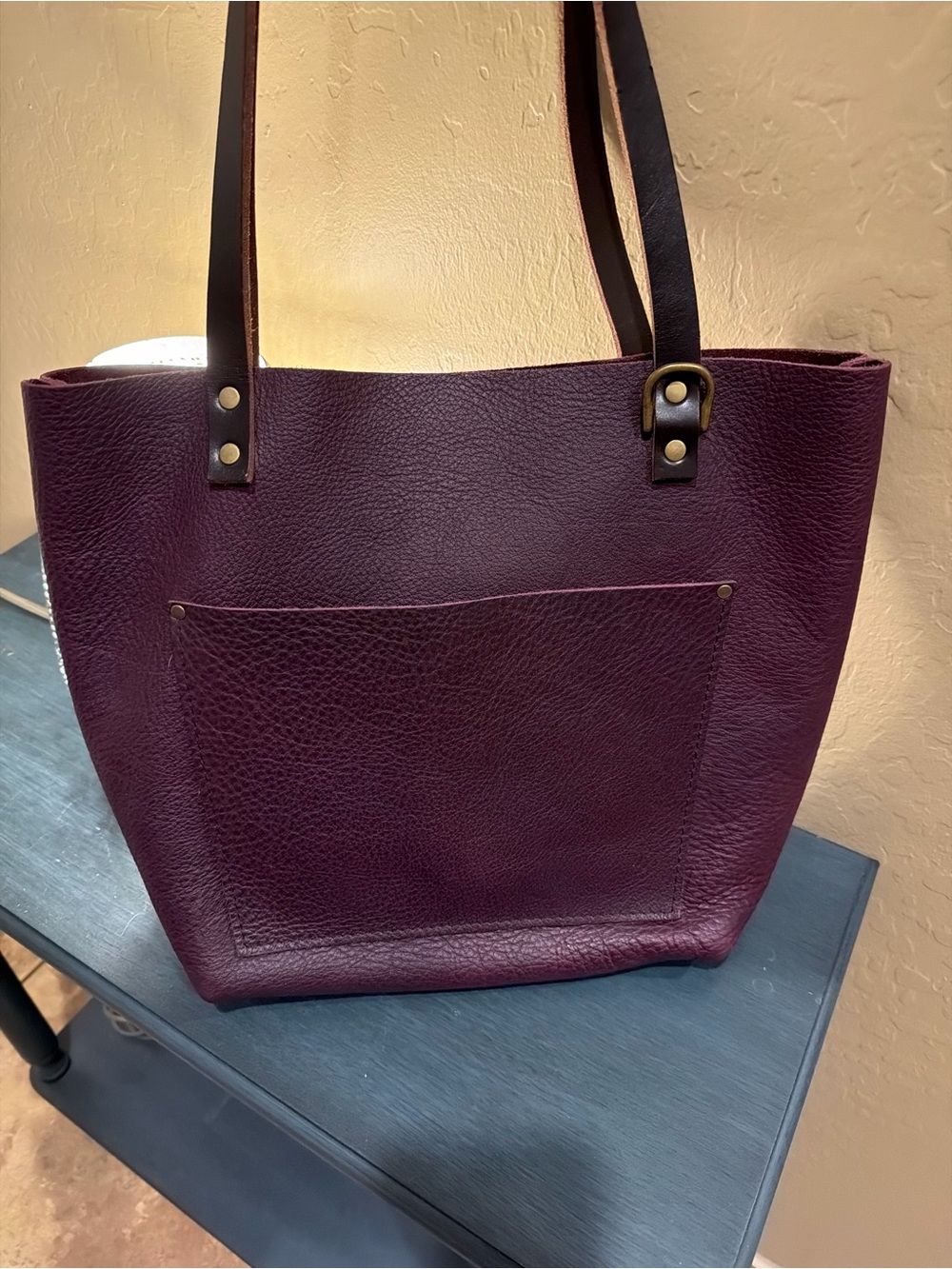 Portland Leather Plum Leather Tote with Dark Brown Straps